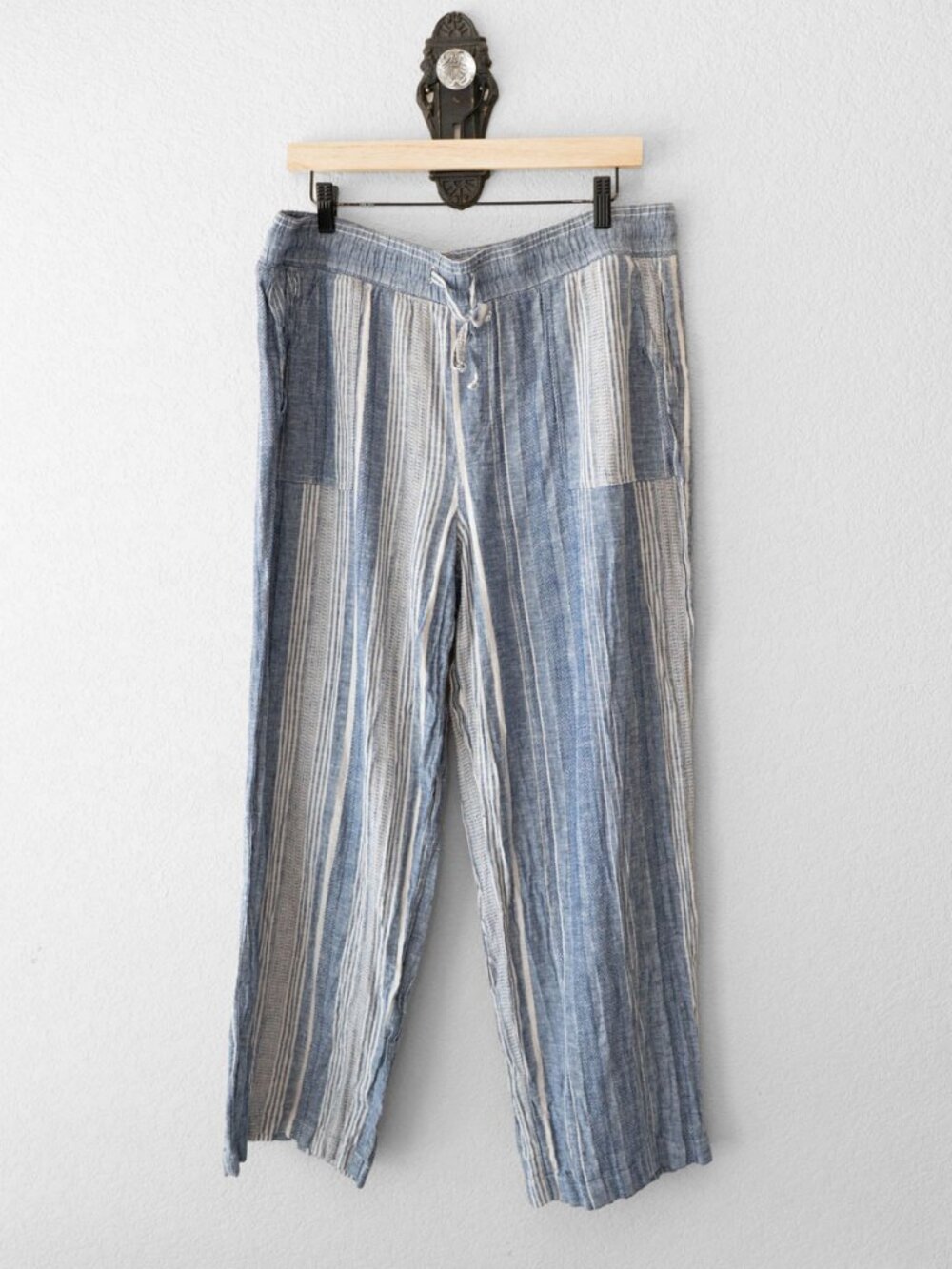 Calligraphie Linen Blend Wide Leg Pants XL Blue White Stripe Pull On Coastal